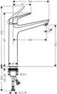 Hansgrohe Einhebel-Waschtischmischer mit einer geschwungenen Auslaufform, Dimensionen und Anschlussdetails im technischen Zeichnungsformat.